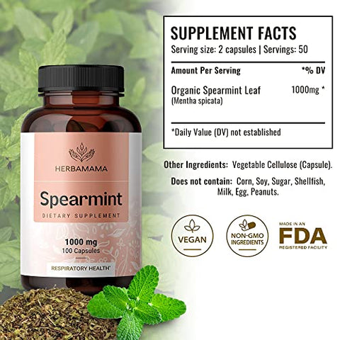 HERBAMAMA - 100 Cápsulas de Hortelã-pimenta – 1000 mg – Suplemento Diário Orgânico de Mentha Spicata – Suporte Natural para Digestão : Spearmint