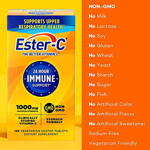 1000 mg – 120 Comprimidos Revestidos, Reforço do Sistema Imunológico, Suplemento Amigo do Estômago, Sem Glúten - Ester-C