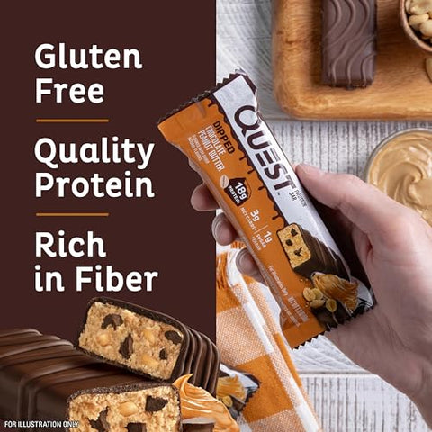Barras de Proteína Dipped Chocolate Peanut Butter, 18g Proteína, 1g Açúcar, 3g Carboidratos Líquidos, Sem Glúten, 12 Unidades - Quest Nutrition