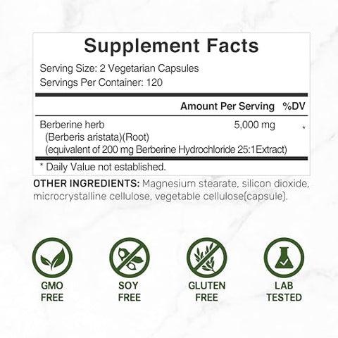 Berberine Max – 5,000mg por Porção – 240 Cápsulas Vegetarianas – 97%% Puro Berberine HCL – Extrato de Raiz 25:1 – Amigo dos Vegetarianos, Não-OGM - DEAL SUPPLEMENT