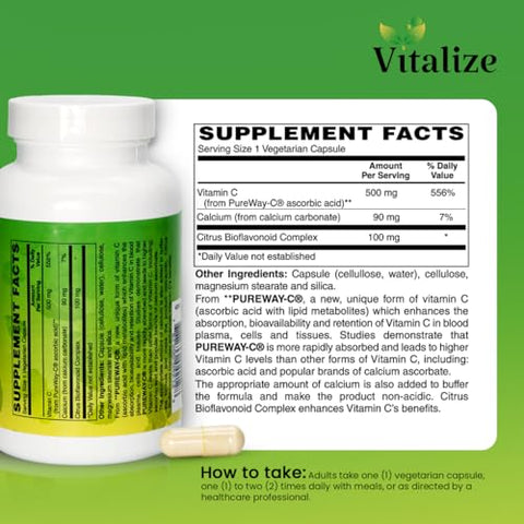 PUREWAY-C 500 MG BUFFERED | Suplemento de Vitamina C | Suporta Cicatrização de Feridas e Sistema Imunológico | Ácido Ascórbico Vitamina C | Absorção Celular Eficiente | Cada Frasco - Vitalize
