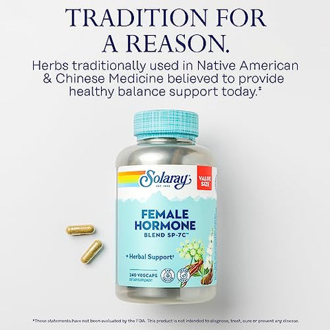 SOLARAY - Solaray Female Hormone Blend SP-7C – Suporte Herbal para Equilíbrio Hormonal Feminino com Black Cohosh, Dong Quai, Wild Yam e Mais – Vegano, Verificado em Laboratório, Garantia de 60 Dias – 120 cápsulas