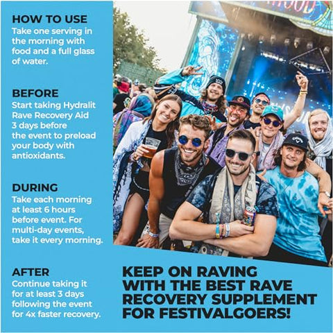 Hydralit - Rave Recovery Aid Vitamins – Pílulas de Alívio Pós-Festa para Festivais de Música – Acessórios Essenciais para Rave – Suplemento 5-HTP, Eletrólitos e Hidratação – Manhãs Melhores com Serotonina e Energia – Combate a Ressaca