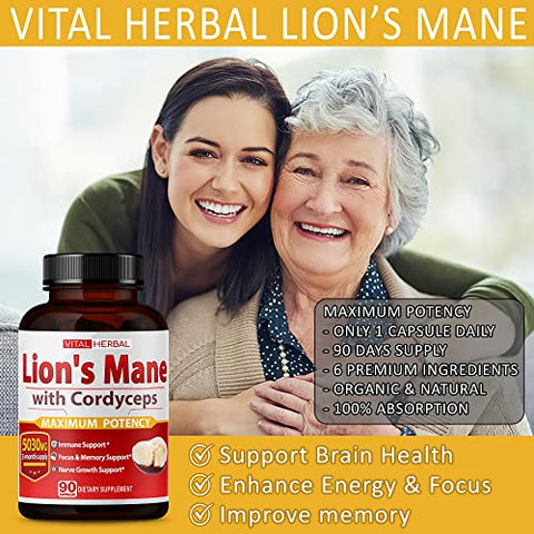 ASTART - VITAL HERBAL Cápsulas de Cogumelo do Leão com Cordyceps Equivalente a 5030mg – Máxima Potência Suplemento Cerebral L-Theanine Ashwagandha para Foco Memória Energia Humor Suporte 90