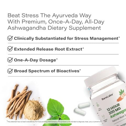 BareLabs - Ashwagandha 300mg com Liberação Prolongada de 12 Horas – Natural | 300mg de Ashwagandha com Efeito Duradouro – Natural