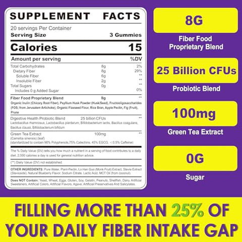NEVISS - Fiber Gummies para Adultos 8g com Probióticos, Extrato de Chá Verde, Sem Adição de Açúcar, Suplemento de Fibra Prebiótica à Base de Plantas para Saúde Digestiva, Regularidade e Imunidade
