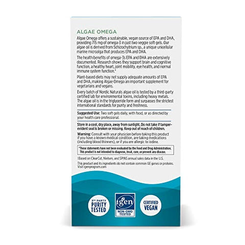 Algae Omega – 60 Soft Gels – 715 mg Ômega-3 – Óleo de Alga Certificado Vegano – EPA à Base de Plantas - Nordic Naturals