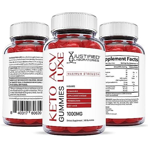 Justified Laboratories - Luxe Keto ACV Gummies 1000MG com Suco de Romã, Beterraba e Vitamina B12 – 60 Gummys (180 Unidades) |
