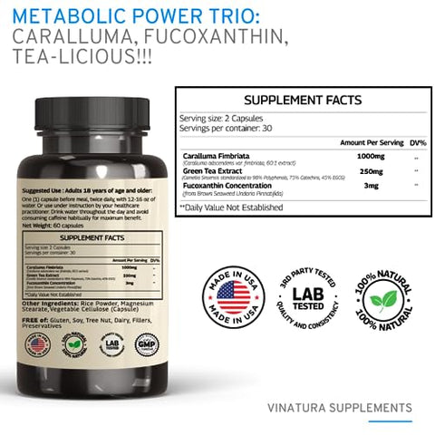 VINATURA - Caralluma Fimbriata, Extrato EGCG 45%% 1250mg Fucoxantina 3mg por Porção *Fabricado nos EUA