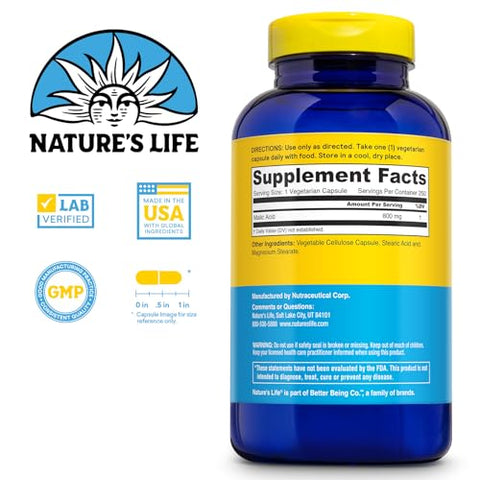 Nature's Life - Nature’s Life Ácido Málico 800 mg – Suporte para Função Muscular Saudável e Energia Celular – Ácido Frutal na Dieta – Garantia de Reembolso de 60 Dias, Verificado em Laboratório – 250 Porções