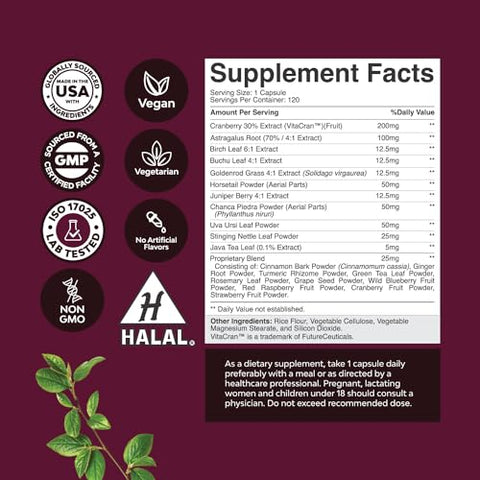 Natures Craft - Suplemento Cranberry para Suporte Renal para Mulheres e Homens – Fortalecimento Elevado para Limpeza e Desintoxicação Renal com Urtiga, Uva Ursi e Astragalus para Saúde Renal e da Bexiga