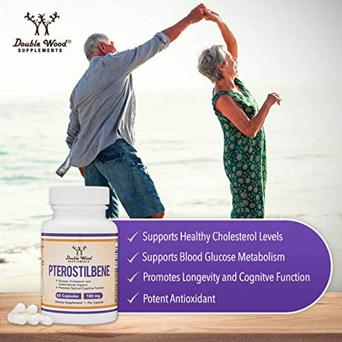 Double Wood Supplements - Pterostilbene 100mg Cápsulas (Testado por Terceiros) 60 Cápsulas, Superior ao Resveratrol, Antioxidante para Suporte à Longevidade (Não-OGM, Sem Glúten) por Double Wood