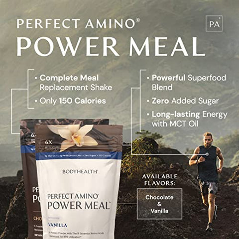 PerfectAmino Power Meal Shake – Novo Sabor Chocolate Amargo com Óleo MCT Carb 10 e Base de Proteína Perfect Amino (20 Porções) - BodyHealth