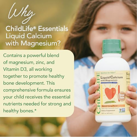 Suplemento de Cálcio Líquido para Crianças com Magnésio, Zinco e Vitamina D3 – Sabor Laranja, 473 ml (1 Pacote) - CHILDLIFE ESSENTIALS