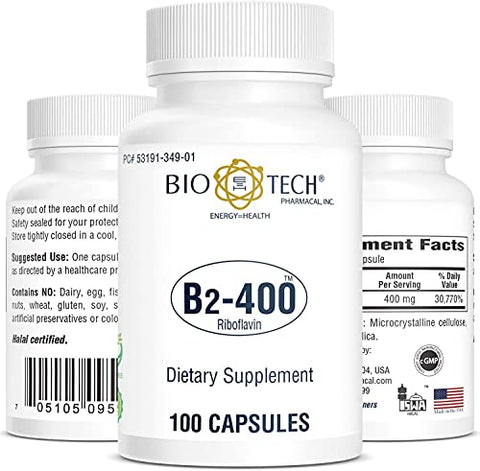 B2-400: 100 Cápsulas – Suplemento Natural – Suporte para Clareza e Produtividade – Sem Laticínios, Peixe, Glúten, Amendoim, Frutos do Mar, OGMs - Bio-Tech Pharmacal
