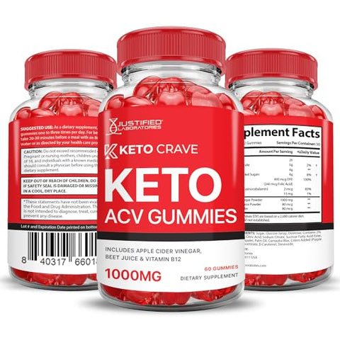 Justified Laboratories - (5 Pacotes) Keto Crave Gomas de Keto ACV Fórmula Avançada 1000MG Keto Crave Gomas de Keto com Vinagre de Maçã Formuladas com Suco de Romã e Beterraba em Pó B12 Vegano Não GMO 300 Gomas