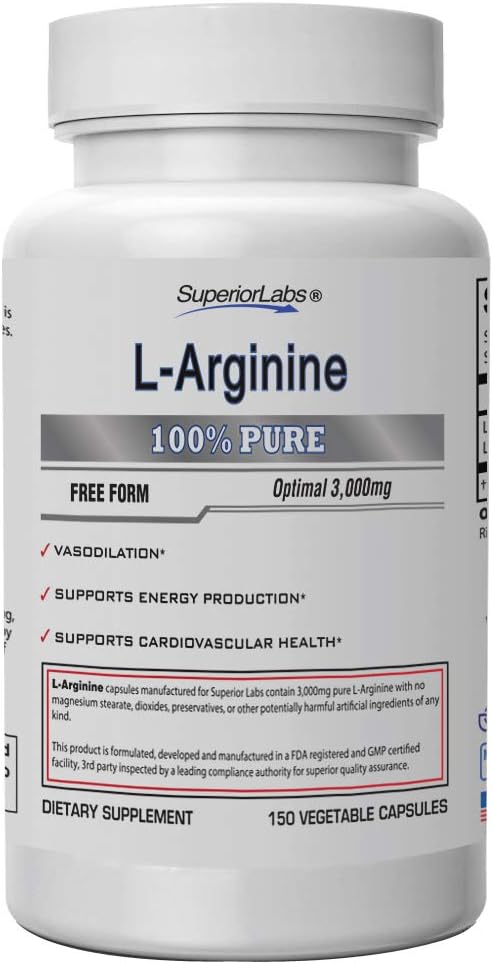 L-Arginina Pura – Forma Livre – Dosagem Ótima de 3.000mg – 150 Cápsulas Vegetais – Suporta Vasodilatação, Produção de Energia e Saúde Cardiovascular - Superior Labs