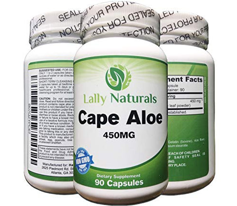 Lally Naturals - Cape Aloe 450 mg – Detox – Cápsulas de Cape Ferox – Laxante Natural – Não-OGM – Cápsulas de Aloe Ferox do Cabo Africano – Alívio Natural – Cápsulas de Folha Inteira de Aloe Ferox (90 Cápsulas)