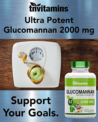 tnvitamins - Glucomannan Capsules 2000 MG – 250 Unidades | Extrato Natural de Raiz de Konjac em Pó | Fibra Solúvel | Suplemento de Fibra Alimentar