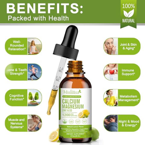 Mulittea - Suplemento de Cálcio Magnésio Zinco com Glicinato de Magnésio 500mg Mais Vitamina C D3 K2 | Fornecimento de 2 Meses | Suplemento de Cálcio com Vitamina D3 K2 em Gotas Líquidas | Sem Glúten | Embalagem com 2 Unidades