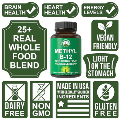 Peak Performance - Vitamina B12 Methylcobalamin – Blend de 25 Vegetais e Frutas para Máxima Absorção. Energia, Foco e Alívio. 30