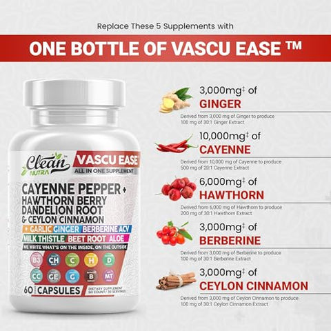 Clean Nutraceuticals - Suplemento de Pimenta Caiena com Cápsulas de Espinheiro, Raiz de Dente-de-Leão, Canela do Ceilão, Alho, Gengibre, Berberina, Vinagre de Maçã, Cardo Mariano, Beterraba, Comprimidos de Aloe Vera – Marca em Destaque