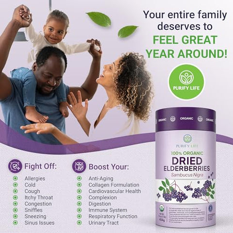 Purify Life - Elderberries Orgânicas Secas USDA 454g a Granel (Embalagem Segura, Saco Reselável, Colher Livre de BPA) Natural, não irradiada, Sambucus Preto Inteiro Cru para Suporte Imunológico