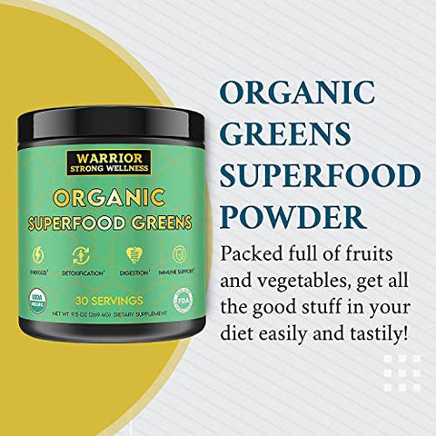 Warrior Strong Wellness - Pó de Verdes Orgânicos Certificados – 30 Porções – Superfood em Pó Verde, Bebida Detox Energizante, Pó de Frutas e Vegetais, Vinagre de Maçã, Extrato de Chá Verde