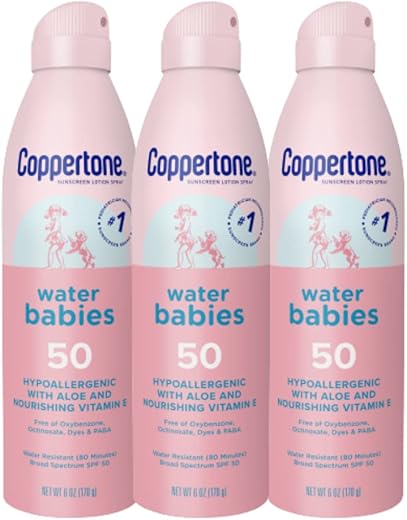 Water Babies Protetor Solar Spray Loção FPS 50, Recomendado por Pediatras, Resistente à Água para Bebês, Protetor Solar em Spray para Bebês, Embalagem Econômica, 180 ml, Pack com 3 Unidades - Coppertone