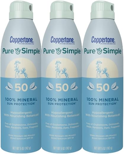 Spray Protetor Solar Pure and Simple, FPS 50 Amplo Espectro com Óxido de Zinco, 150 ml (Pack com 3 unidades) - Coppertone