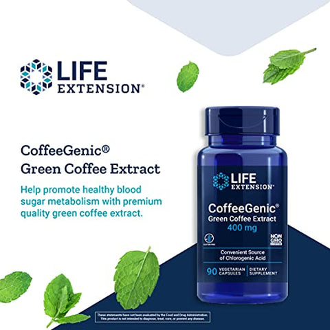 CoffeeGenic Extrato de Café Verde – 50% Ácidos Clorogênicos – Sem Glúten, Não-OGM – 90 Cápsulas Vegetarianas - Life Extension