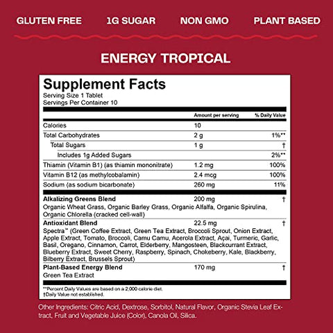 Fizzy Green Tablets Energy Tropical: Comprimidos Efervescentes de Chá Verde com Cafeína, Sabor de Água, Antioxidantes, 10 Unidades (Embalagem com 6) - Amazing Grass