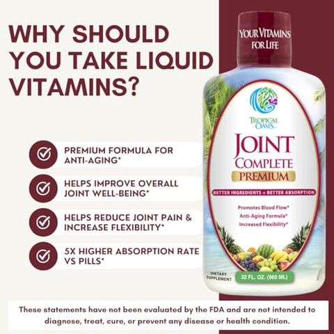 Tropical Oasis - Suplemento Líquido Completo para Articulações Joint Complete Premium – com Glucosamina, Condroitina, MSM, Ácido Hialurônico – para Saúde Óssea e Articular – Absorção Máxima de 96%% – 960ml, 32 porções