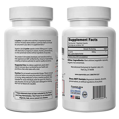 Melhor L-Lisina Não-OGM – Suplemento Alimentar – 500 mg de L-Lisina Ativa Pura – 120 Cápsulas Vegetais – Suporta Absorção de Cálcio – Sistema Imunológico - Superior Labs