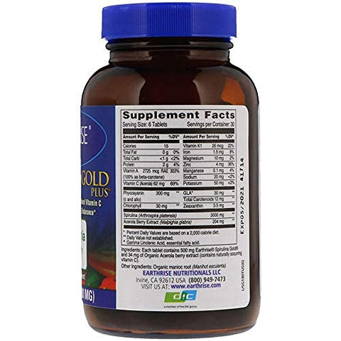 Spirulina Gold Plus 500mg Tablet 180 comprimidos – Spirulina Premium Natural da Califórnia, Vegana, Livre de Glúten, Amiga da Dieta Keto, Super Alimento Rico em Vitaminas – Marca Earthrise - Earthrise