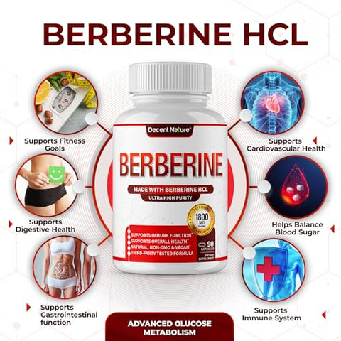 DECENT NATURE - Berberine 1800mg – Premium Berberine HCl 97%% Alta Pureza Berberine Plus, Suporte ao Sistema Imunológico, Alta Potência Berberine Hydrochloride, Não-OGM Vegano, para Homens Mulheres 90