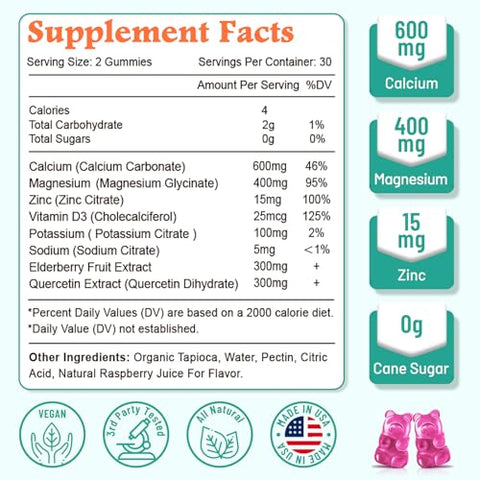 VZOXAINS - Gomas de Cálcio Magnésio Zinco de Alta Absorção com Magnésio Glicinato 400mg, Sem Açúcar – Suplemento de Cálcio Magnésio para os Ossos