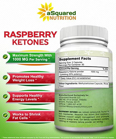 Cápsulas de Cetona de Framboesa Natural 1000mg-180 – Suplemento para Perda de Peso, Potência Máxima e Supressor de Apetite – Pó Premium para Saúde Magra – Marca aSquared Nutrition - aSquared Nutrition