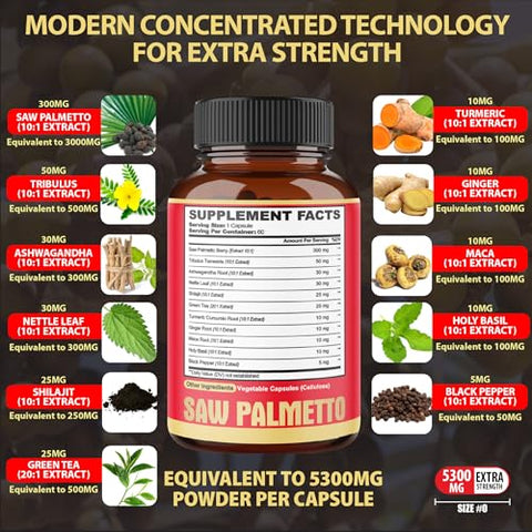 agobi - 2 Pacotes 60 Unidades 4 Meses – Cápsulas de Saw Palmetto 5300 mg – 11 em 1 com Ashwagandha, Cúrcuma, Tribulus, Maca, Chá Verde, Manjericão Sagrado
