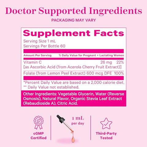 Liquid Folate: Vitamina B9 de Alimentos Integrais de Casca de Limão, Ácido Fólico Natural com Vitamina C, Vitaminas Pré-Natais Líquidas para Mulheres, Essenciais na Gravidez, Propriedade de Mulheres, 2 ml - Pink Stork
