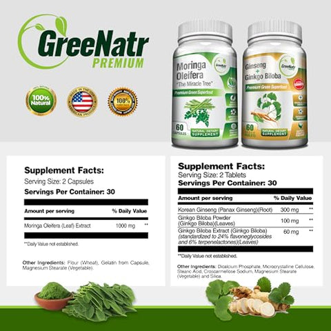 GreeNatr - Ginkgo Biloba, Panax Ginseng e Moringa – Kit de Cápsulas para Suporte Imunológico e Energia – Concentração e Foco