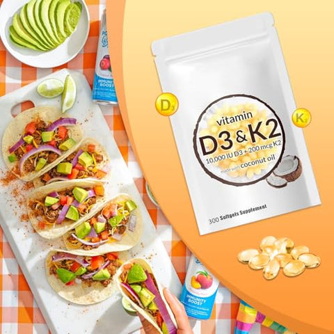 Generic - Vitamina D3 K2 10000 UI, Suplemento 2 em 1 Softgel, Auxilia na Absorção de Cálcio, Fácil de Engolir (300 Unidades)