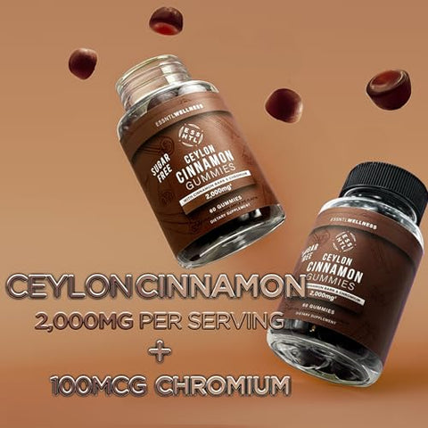 ESSNTLWELLNESS - Gomas de Canela do Ceilão Sem Açúcar, 120 unidades 2.000mg/Porção, Suporte Articular, Antioxidante, Deliciosas Gomas de Torta de Maçã Sem Açúcar, Veganas e Livres de Glúten