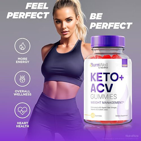 NutraRize - (3 Pack) Gomas BurnWell Keto ACV, Fórmula Avançada de Gomas Burn Well Keto ACV, 1000 MG Vinagre de Maçã, Keto com Vitaminas B e Goma de ACV, Avaliações Oficiais (180 Gomas)