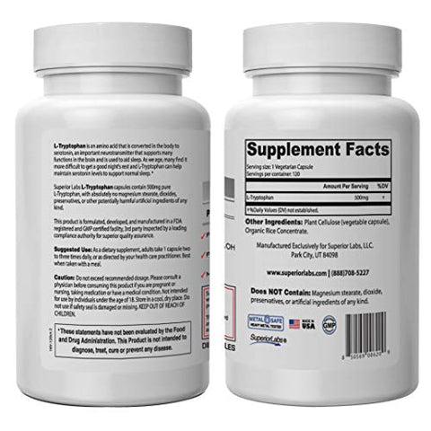 L-Triptofano Puro – 500mg, 120 Cápsulas Vegetais – Suplemento Alimentar Não-OGM para um Sono Repousante - Superior Labs