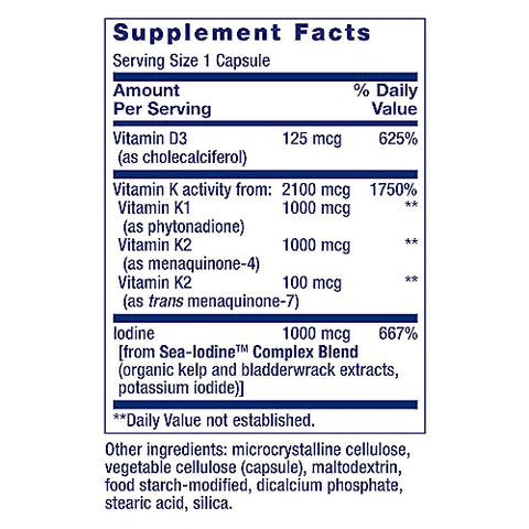 Vitaminas D e K da Life Extension com Sea-Iodine, D3, K1 e K2, iodine, suporte à saúde imunológica, óssea, arterial e da tireoide, sem GMO, sem glúten, 60 cápsulas