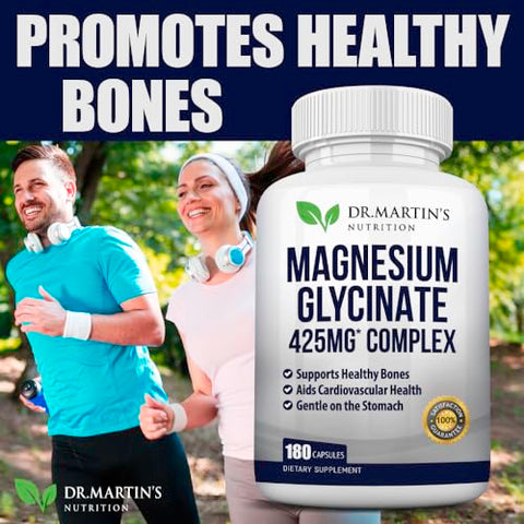 DR. MARTIN'S NUTRITION - Premium Magnesium Glycinate 425mg – 180 Cápsulas Veganas – Auxilia no Alívio do Estresse, Sono e Cãibras Musculares