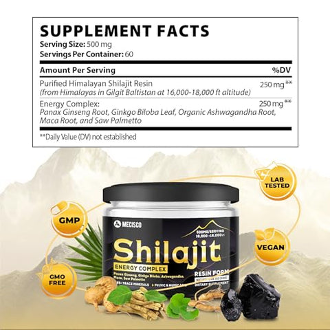 Mecisco - Resina Orgânica Pura do Himalaia Shilajit com Complexo Energético – Raiz de Panax Ginseng, Folha de Ginkgo Biloba | 100% Natural | 30g