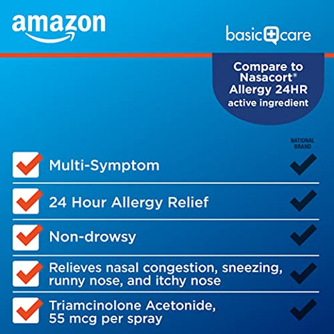 Spray Nasal para Alergia Amazon Basic Care Triamcinolona Acetonida Multi-Sintomas, 55 mcg, 16,9 ml (Pack com 2)