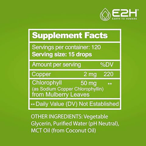 E2H EARTH TO HUMANS - E2H Gotas Líquidas de Clorofila – Energético Natural Saboroso, Suporte ao Sistema Imunológico e Desodorante Interno – Vegano – Sem Glúten – Não-OGM – 60 ml